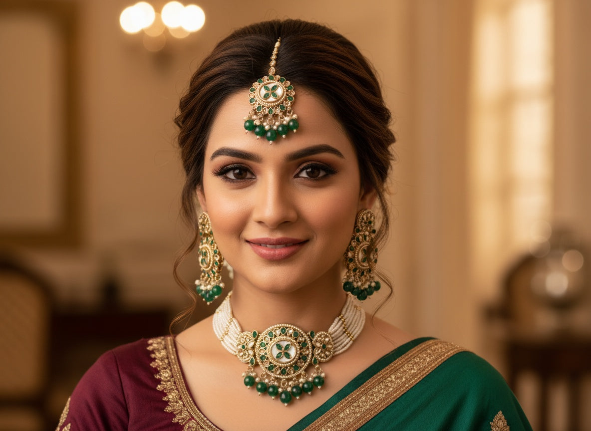 1032 Necklace Set-Indo Western - Green