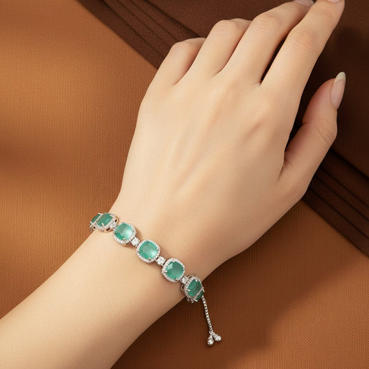 433642 Cubic Zirconia Adjustable Bracelet With Mehndi Plating-Mint