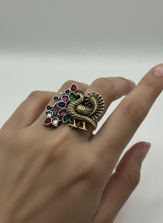 809590 Oxidised Adjustable Ring With 2 Tone Plating