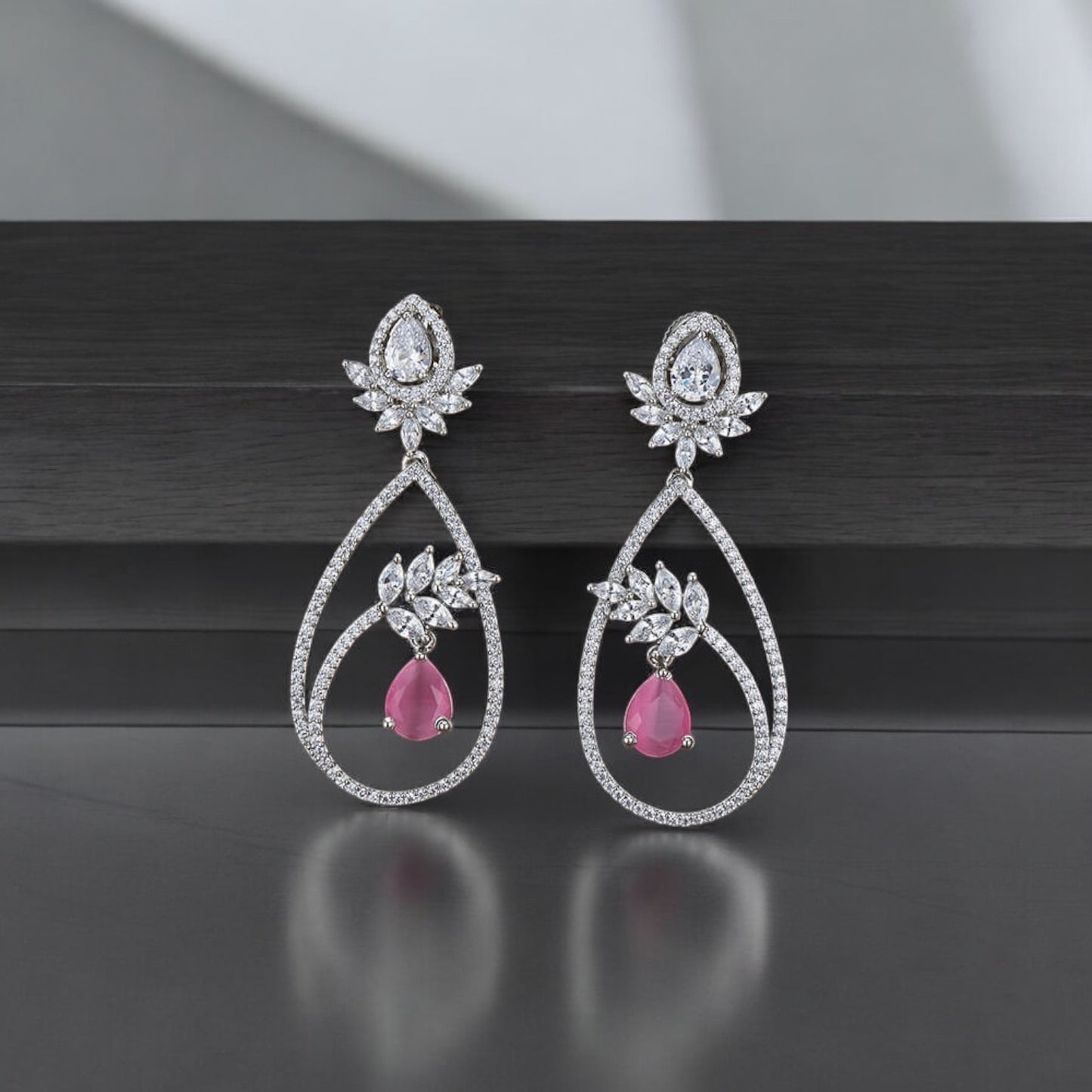 427316 Cz Classic Earring With Rhodium Plating-Pink