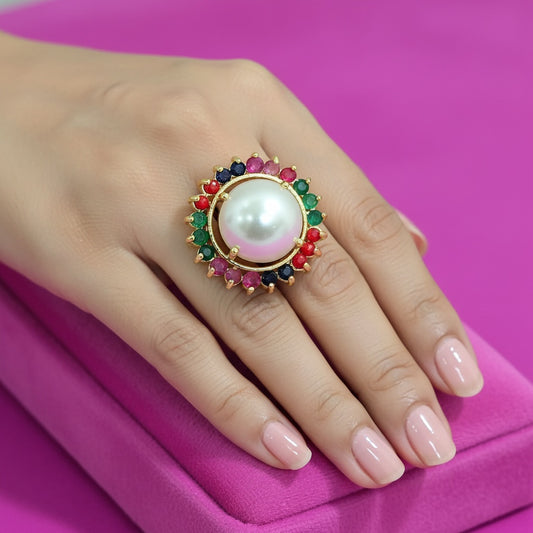 439159 Cubic Zirconia Adjustable Ring With Gold Plating-Multi