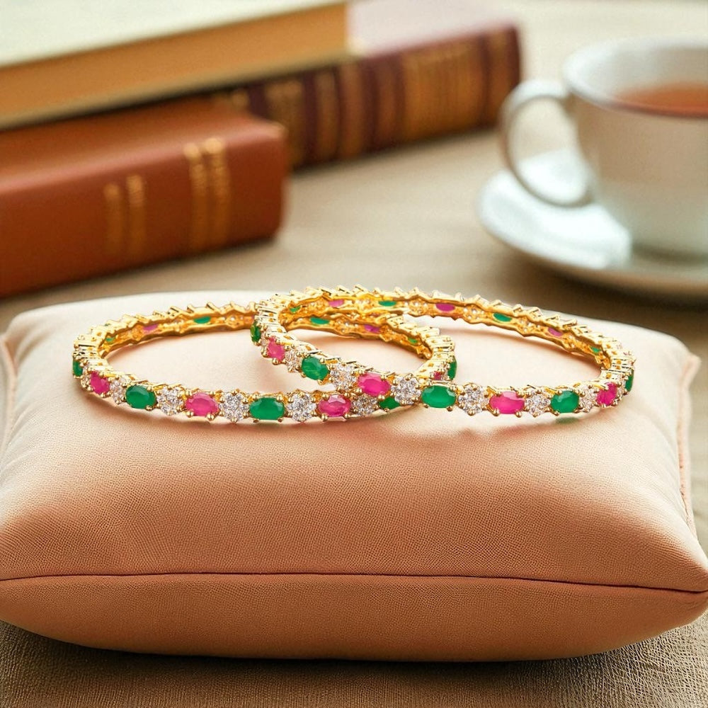 428914 Cz Classic Bangles With Gold Plating-Ruby Green-Size 2.8