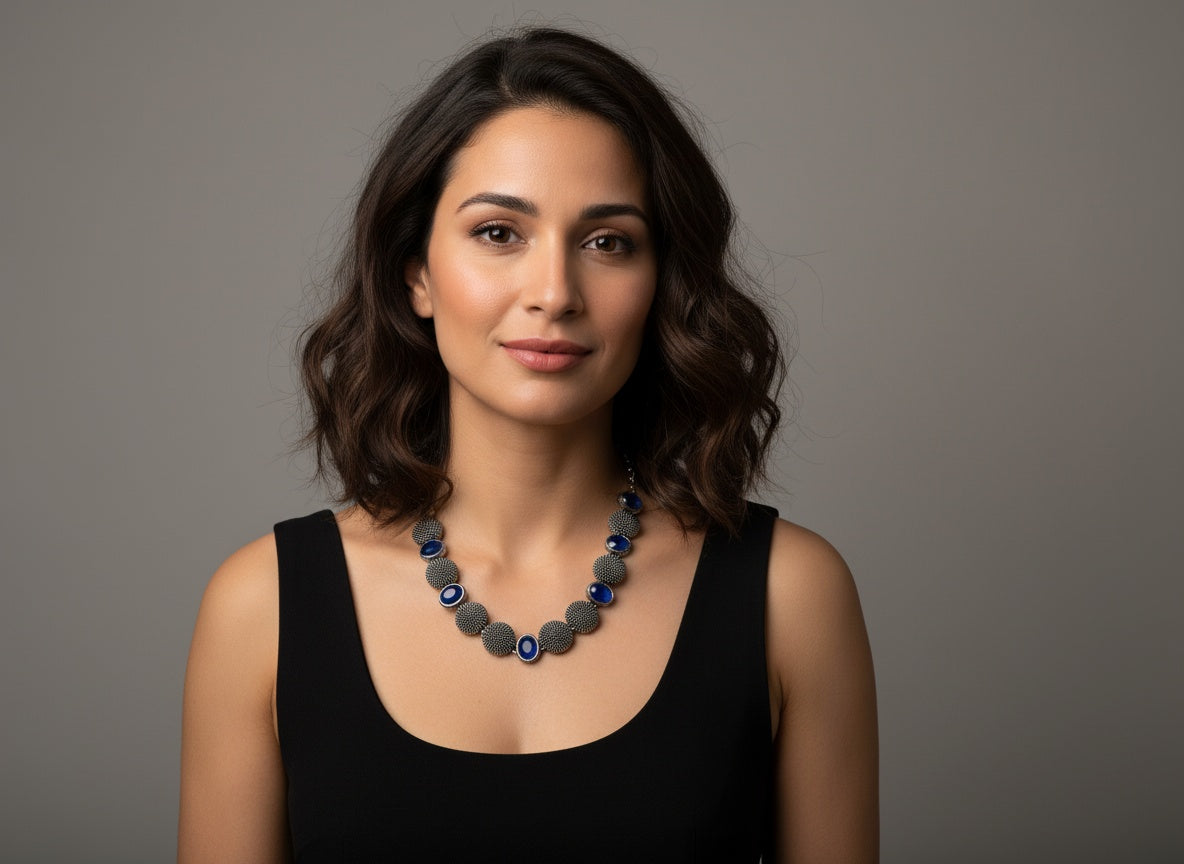 808721 Classic Necklace With Oxidised Plating- without Earrings-Blue