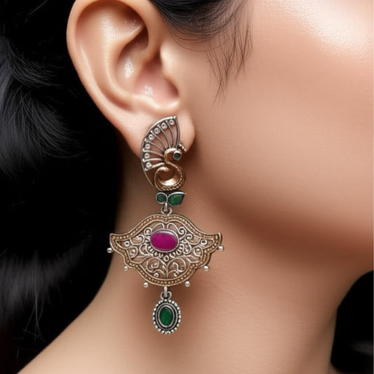 808915 Pretty Precious Fashion Oxidised Silver Stylish Party Wear Earrings for Women and Girls-Rubygreen