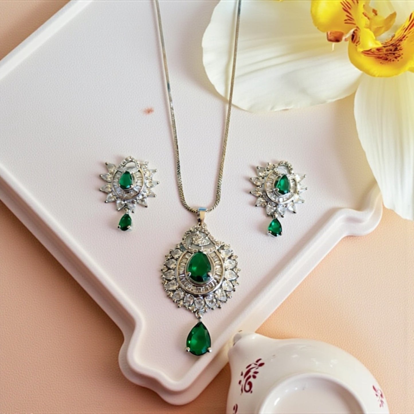 94209-PS-American Diamond Delicate Pendant Set With Rhodium Plating-Green