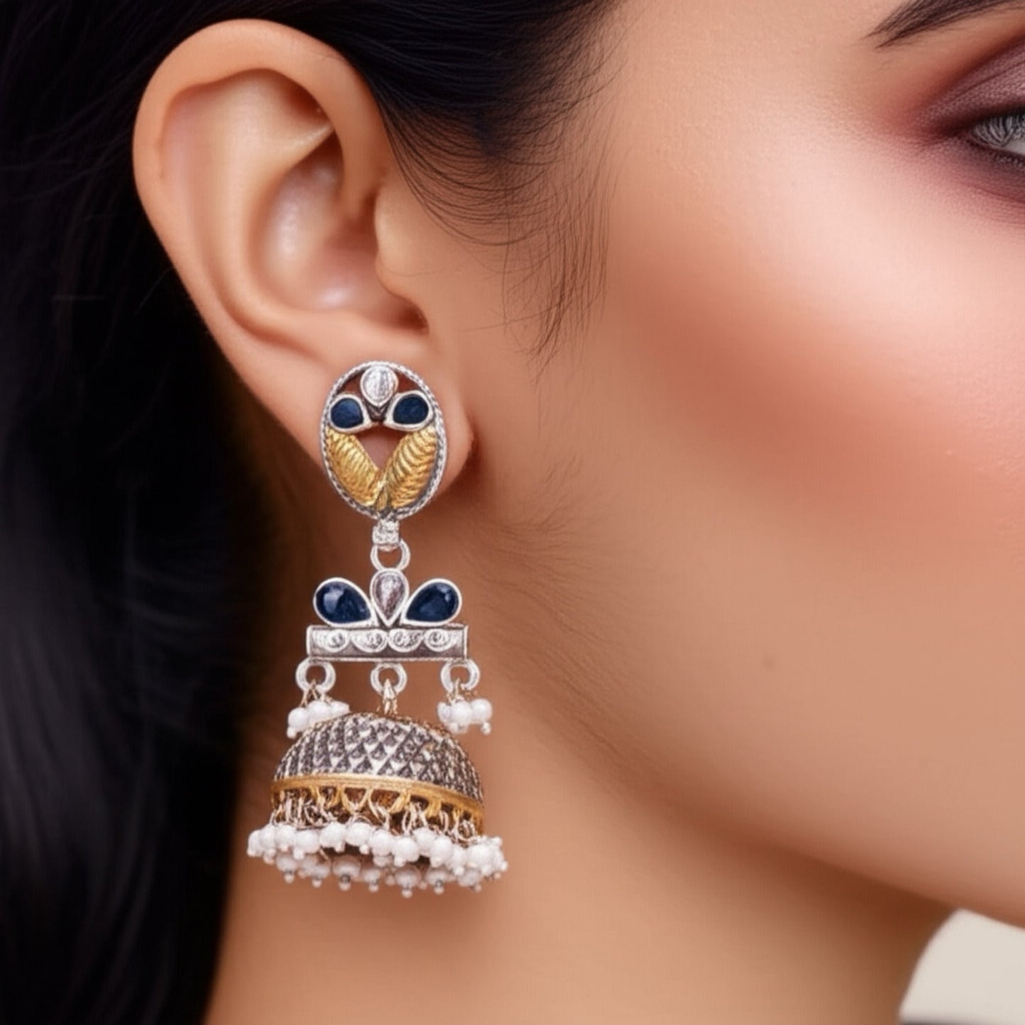 807521 Oxidised Pearl Jhumki With 2 Tone Plating-Blue