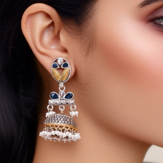 807521 Oxidised Pearl Jhumki With 2 Tone Plating-Blue