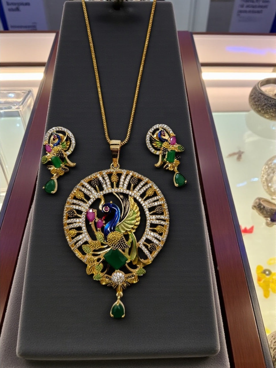 1051-American Diamond Delicate Pendant Set -Green