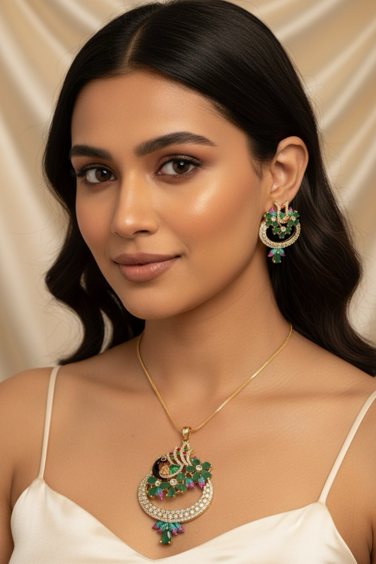 97659-PS-American Diamond Delicate Pendant Set With Gold Plating with Meenakari Green - Ruby