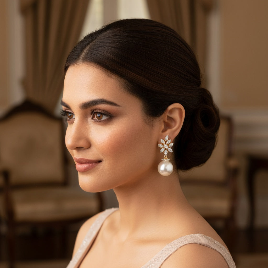 431683 Cz Moti Earring With 2 Tone Rhodium Plating