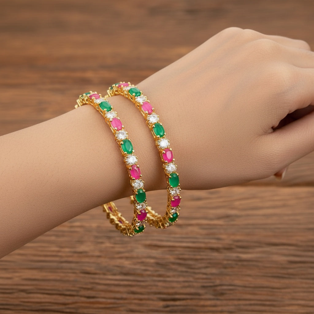 428914 Cz Classic Bangles With Gold Plating-Ruby Green-Size 2.8