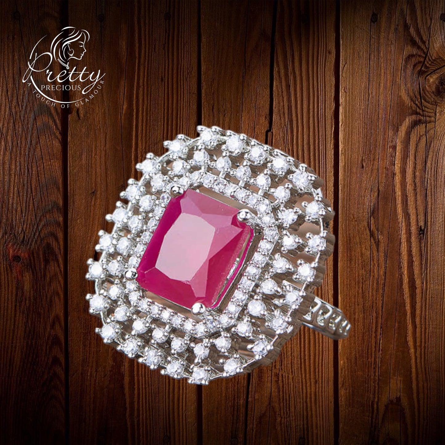 427780 Cubic Zirconia Adjustable Ring With Rhodium Plating-Ruby