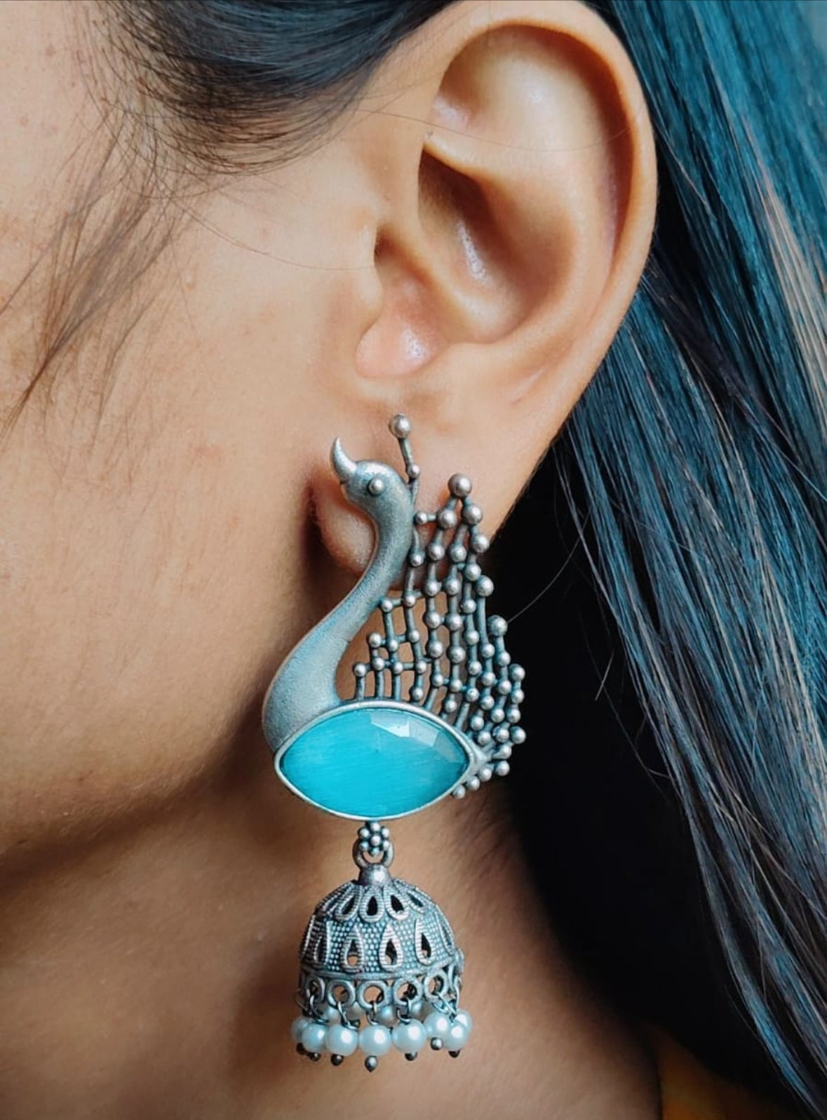 92209-ERO Pretty Precious Fashion Oxidised Silver Stylish Party Wear Earrings for Women and Girls-Aqua