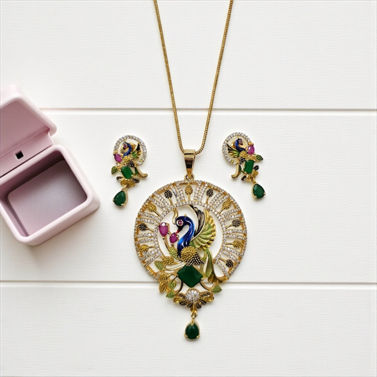 1051-American Diamond Delicate Pendant Set -Green