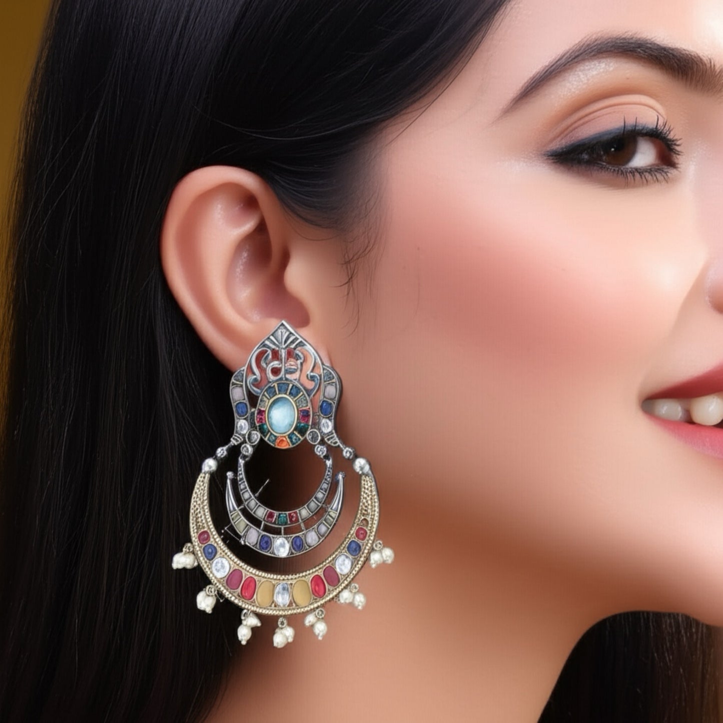 94509-ERO Pretty Precious Fashion Oxidised Silver Stylish Party Wear Earrings for Women and Girls-Multi