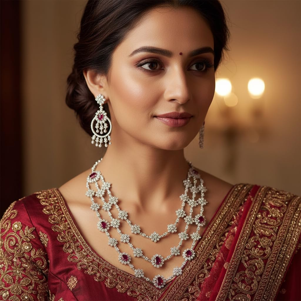 1399-Pretty Precious AD Necklace Set for Women | Rhodium Plated American Diamond Necklace & Earrings Set | Party, Wedding & Festive Jewellery-Ruby Colour