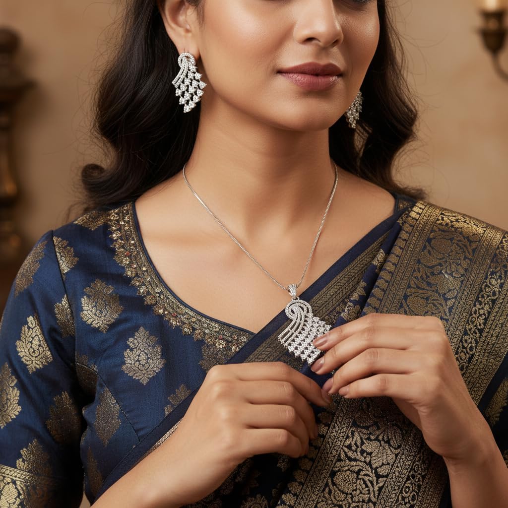 1384-PRETTY PRECIOUS Rodhium-Plated American Diamond Pendant Set with Earrings for Women and Girls, with Chain-White