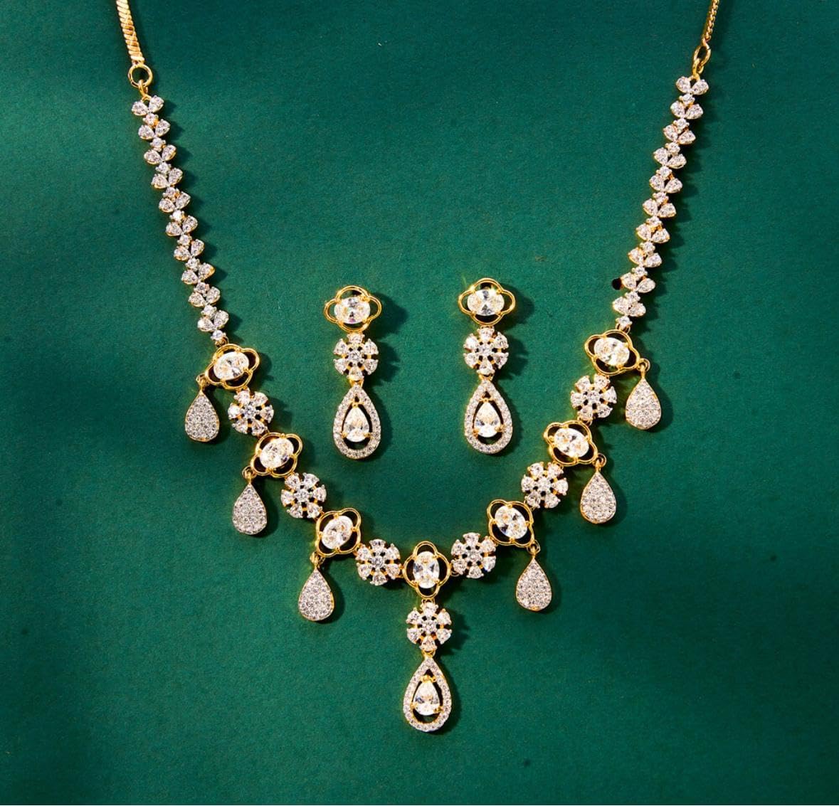 434054-Pretty Precious American Diamond Gold Plated Necklace and Earrings Set for Women, Floral Teardrop Design, Wedding Bridal Party Jewellery-White