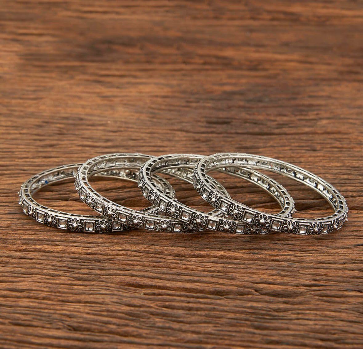 802360-Pretty Precious Oxidised Silver Bangles, Traditional Ethnic Style, Antique Finish, Size 2.4, 2 Pair, 4 Pieces-Ruby Stone