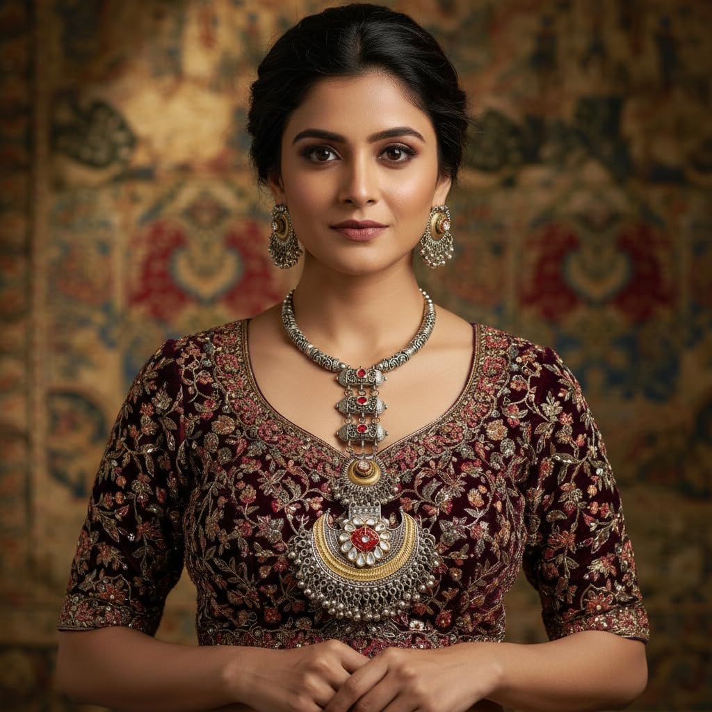 1546-Pretty Precious Latest Stylish Traditional Oxidised Silver Necklace Jewellery Set for Women | Antique Finish Ethnic Necklace with Earrings | Festive & Party Wear-Yellow with Orange (Hasli Style)