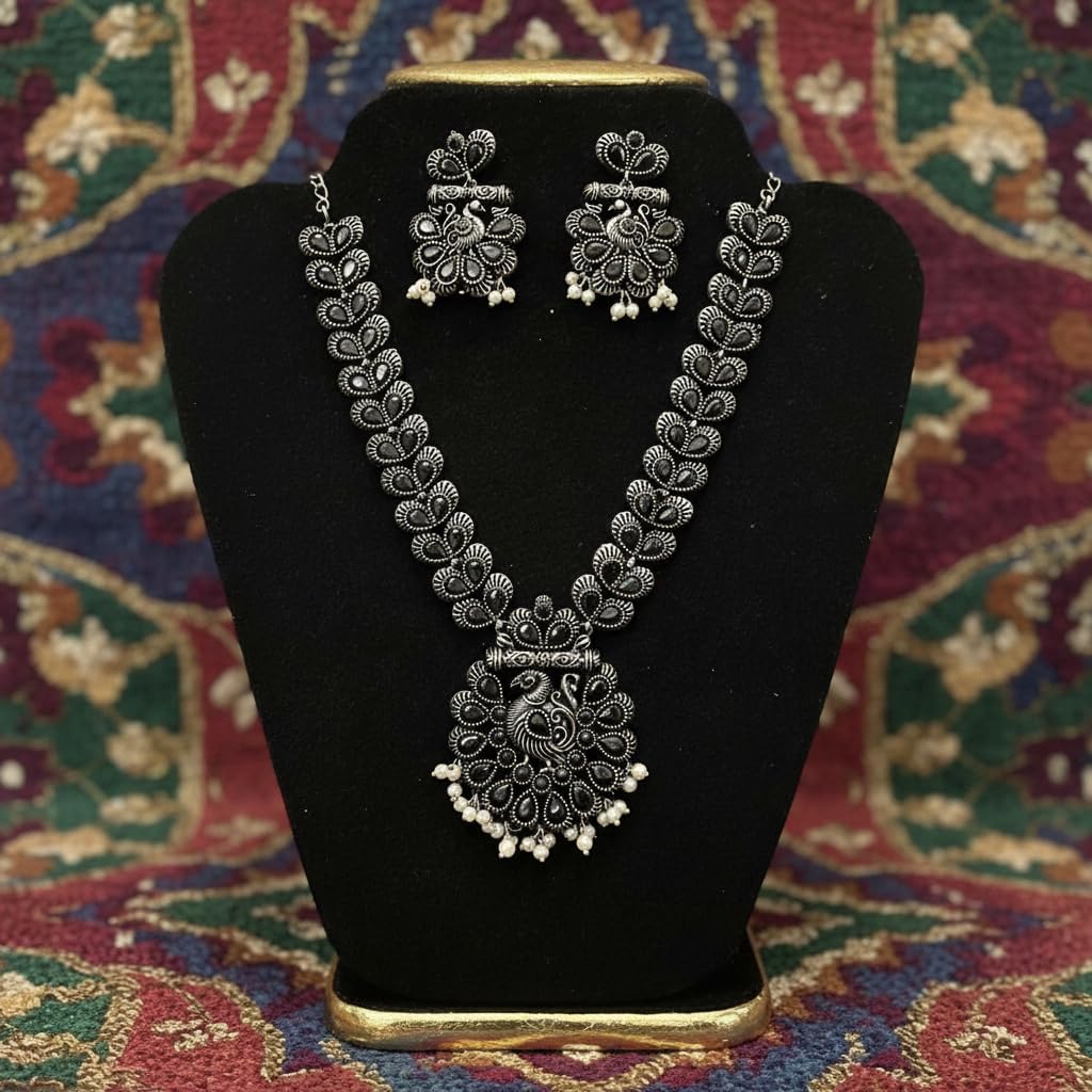 1550-Pretty Precious Latest Stylish Traditional Oxidised Silver Necklace Jewellery Set for Women | Antique Finish Ethnic Necklace with Matching Earrings | Festive & Party Wear-Black Colour