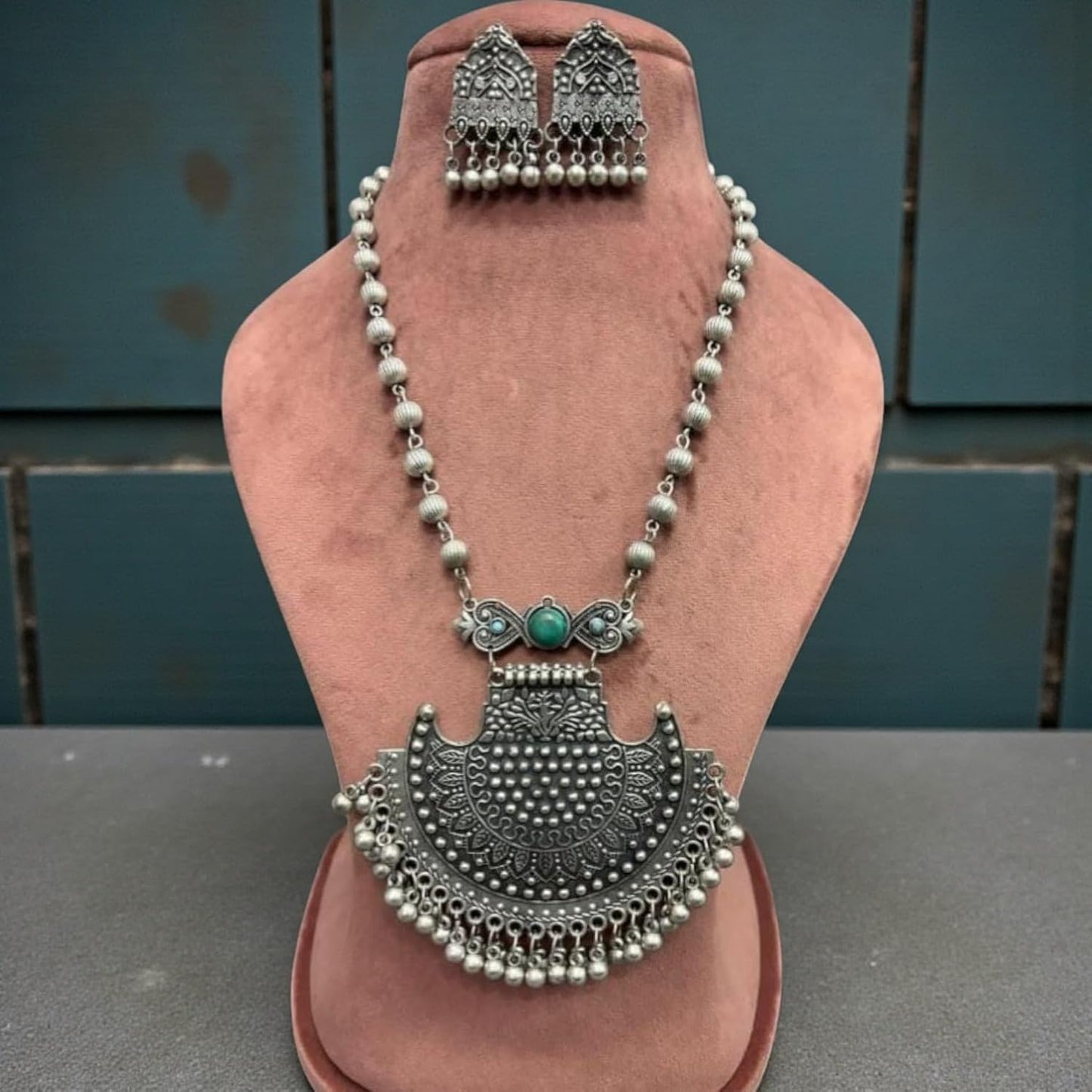 1565-Pretty Precious Latest Stylish Traditional Oxidised Silver Pendant Set for Women & Girls | Ethnic Necklace Jewellery Set for Festive & Casual Wear-Green