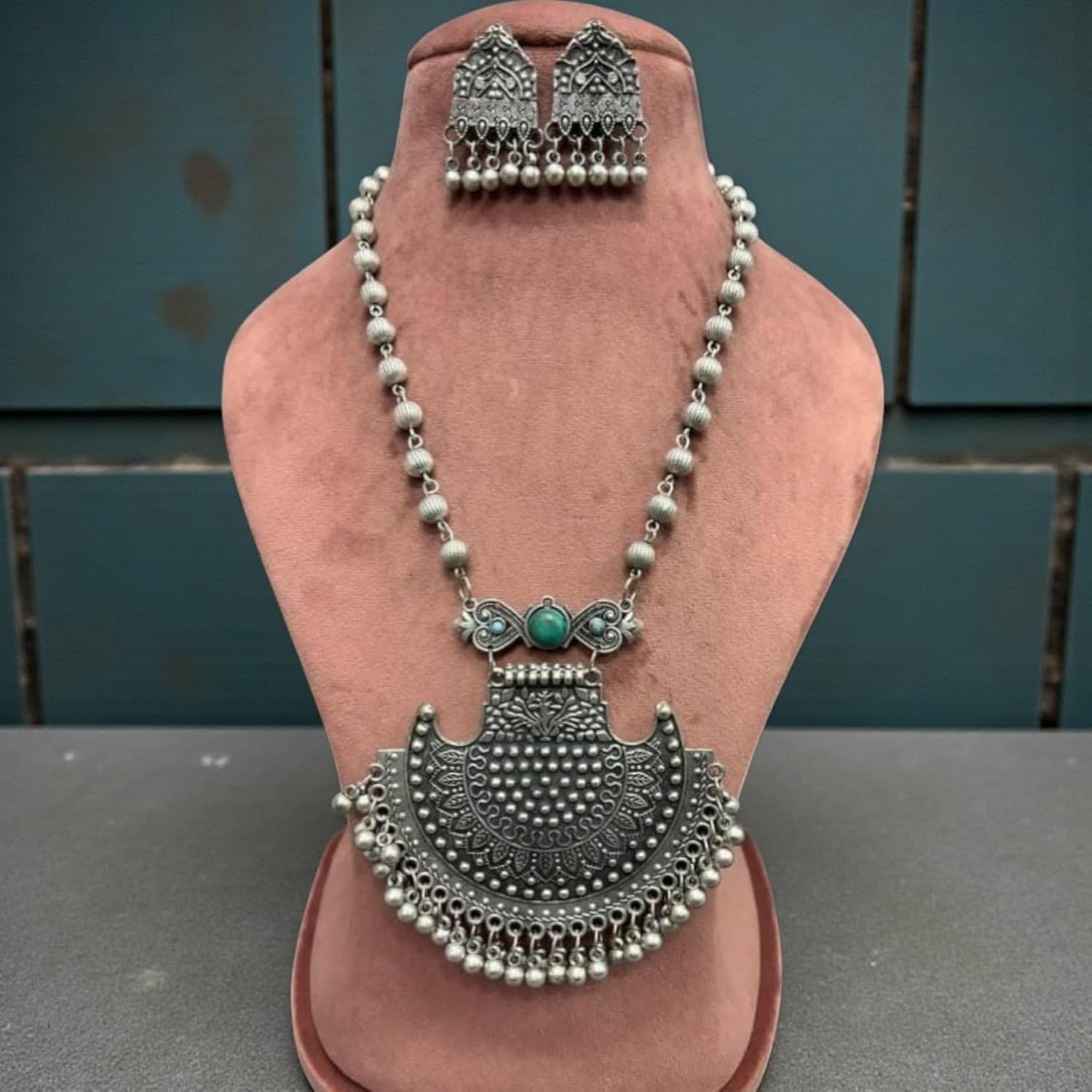 1565-Pretty Precious Latest Stylish Traditional Oxidised Silver Pendant Set for Women & Girls | Ethnic Necklace Jewellery Set for Festive & Casual Wear-Green