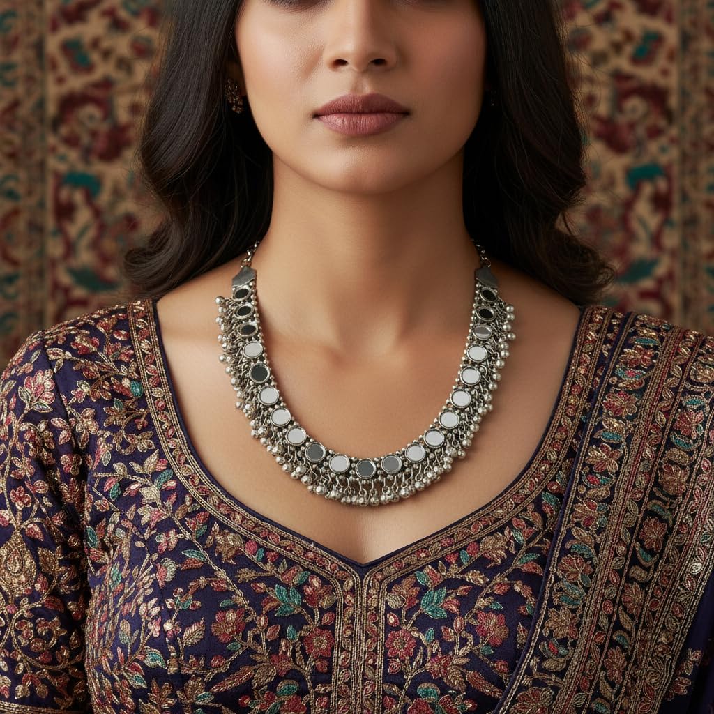 1551-Pretty Precious Latest Stylish Traditional Oxidised Silver Necklace (without earrings) for Women | Antique Finish Ethnic Necklace without Earrings | Festive & Party Wear