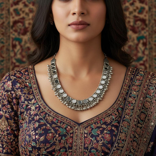 1551-Pretty Precious Latest Stylish Traditional Oxidised Silver Necklace (without earrings) for Women | Antique Finish Ethnic Necklace without Earrings | Festive & Party Wear