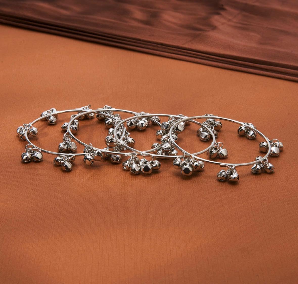 808458-Pretty Precious Oxidised Silver Bangles Set of 4, Traditional Indian Jewelry, Ghungroo Bell Charms, Ethnic Tribal Design, Size 2.4