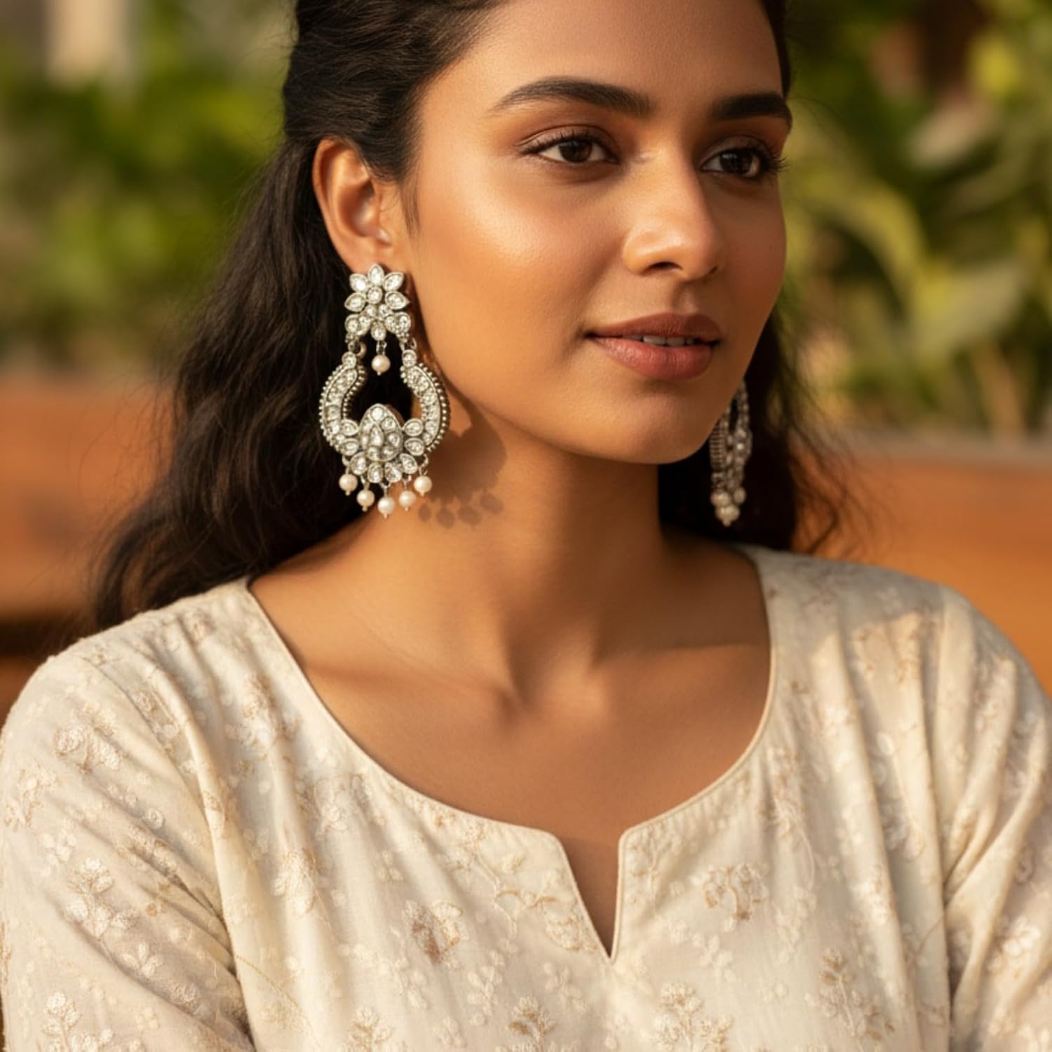 1346-Pretty Precious Oxidised Silver Stylish Party Wear Earrings for Women and Girls-Transparent with Pearl