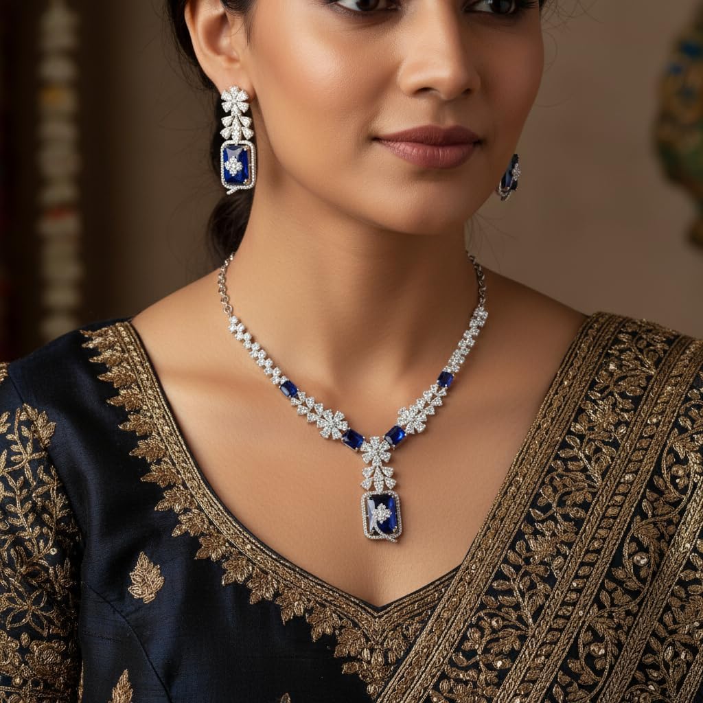 1401-Pretty Precious AD Necklace Set for Women | Rhodium Plated American Diamond Necklace & Earrings Set | Party, Wedding & Festive Jewellery-Blue Colour