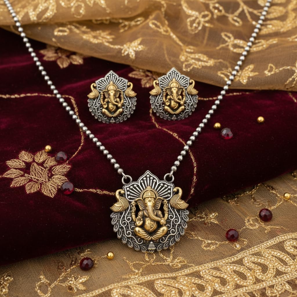 1563-Pretty Precious Latest Stylish Traditional Oxidised Silver Pendant Set for Women & Girls | Ethnic Necklace Jewellery Set for Festive & Casual Wear-Two Tone