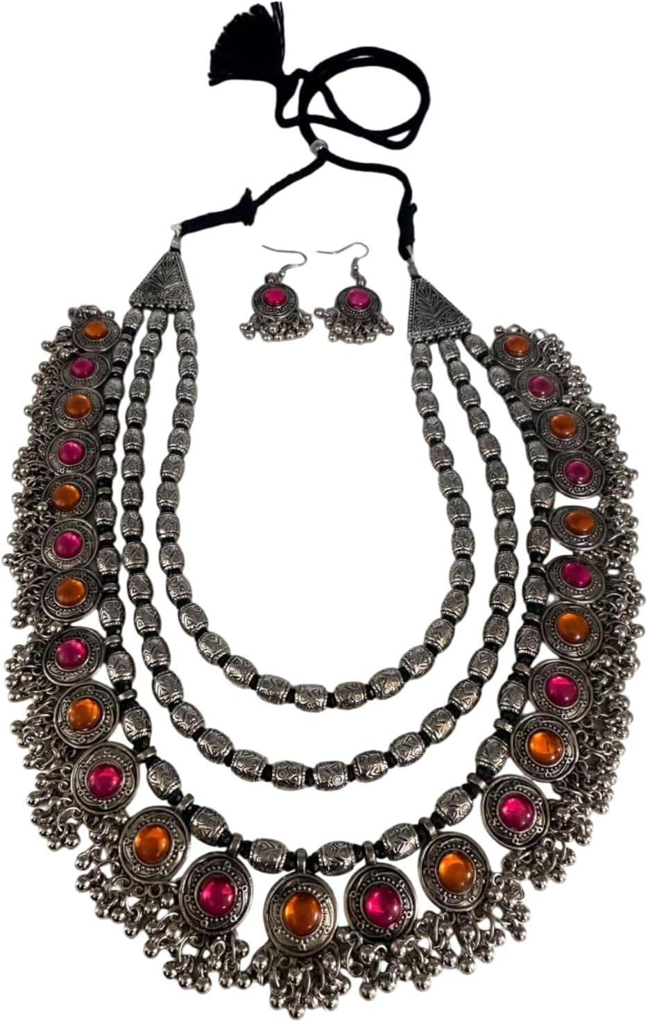 1558-Pretty Precious Latest Stylish Traditional Oxidised Silver Necklace Jewellery Set for Women | Antique Finish Ethnic Necklace with Matching Earrings | Festive & Party Wear-White Colour