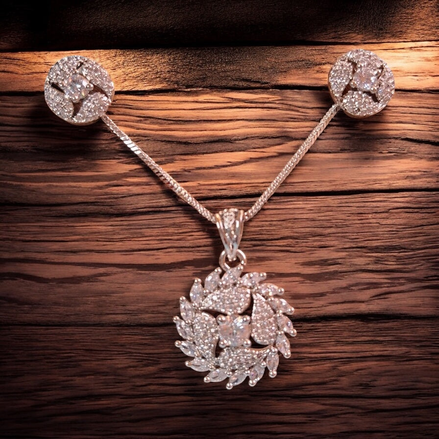 92009-PS-American Diamond Delicate Pendant Set With Rhodium Plating-Design 1