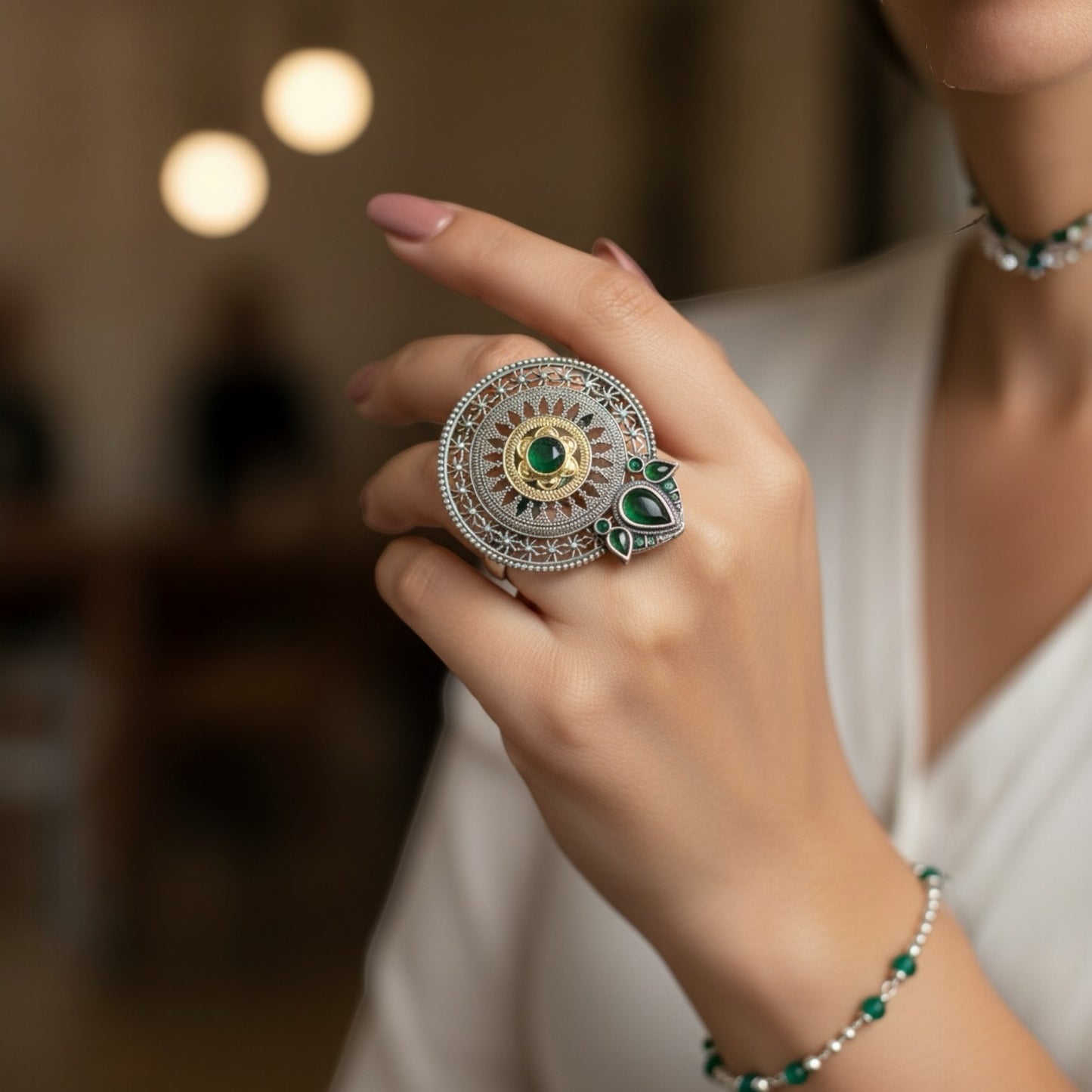 809632 Oxidised Adjustable Ring With 2 Tone Plating-Green