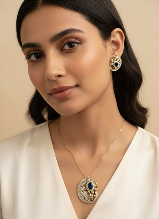 98009-PS-American Diamond Delicate Pendant Set With Gold Plating-Dark Blue