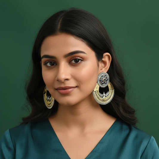 809776 Oxidised Classic Earring With 2 Tone Plating-Blue