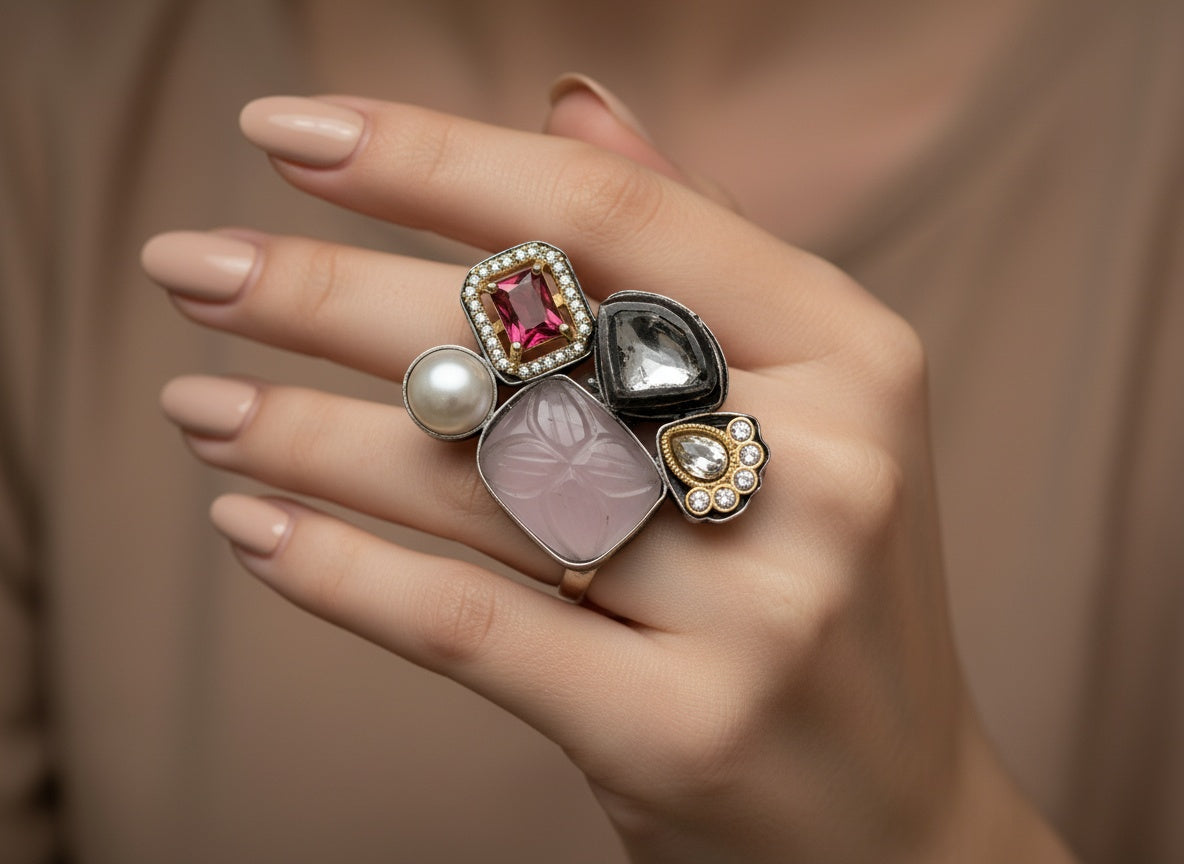 806143 Oxidised Adjustable Ring With 2 Tone Plating