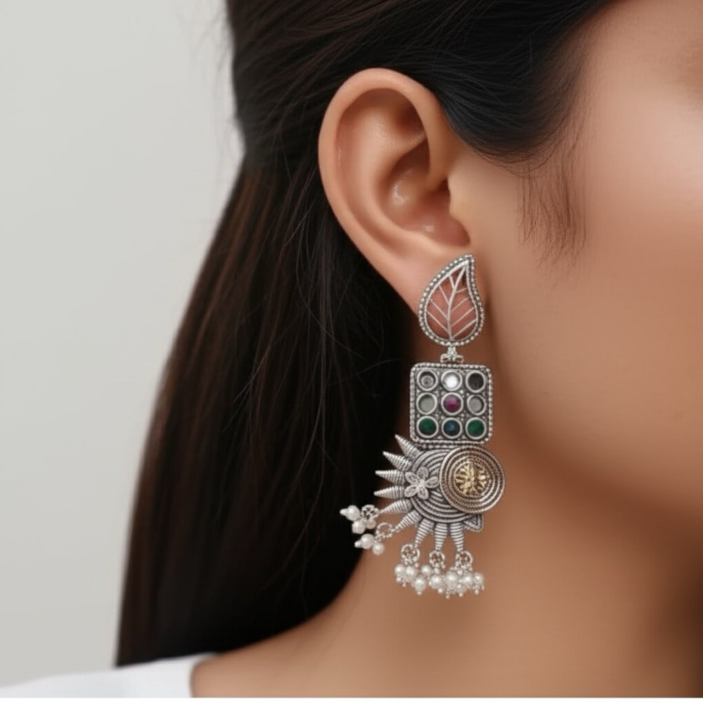 806461 Oxidised German Silver Earring With 2 Tone Plating