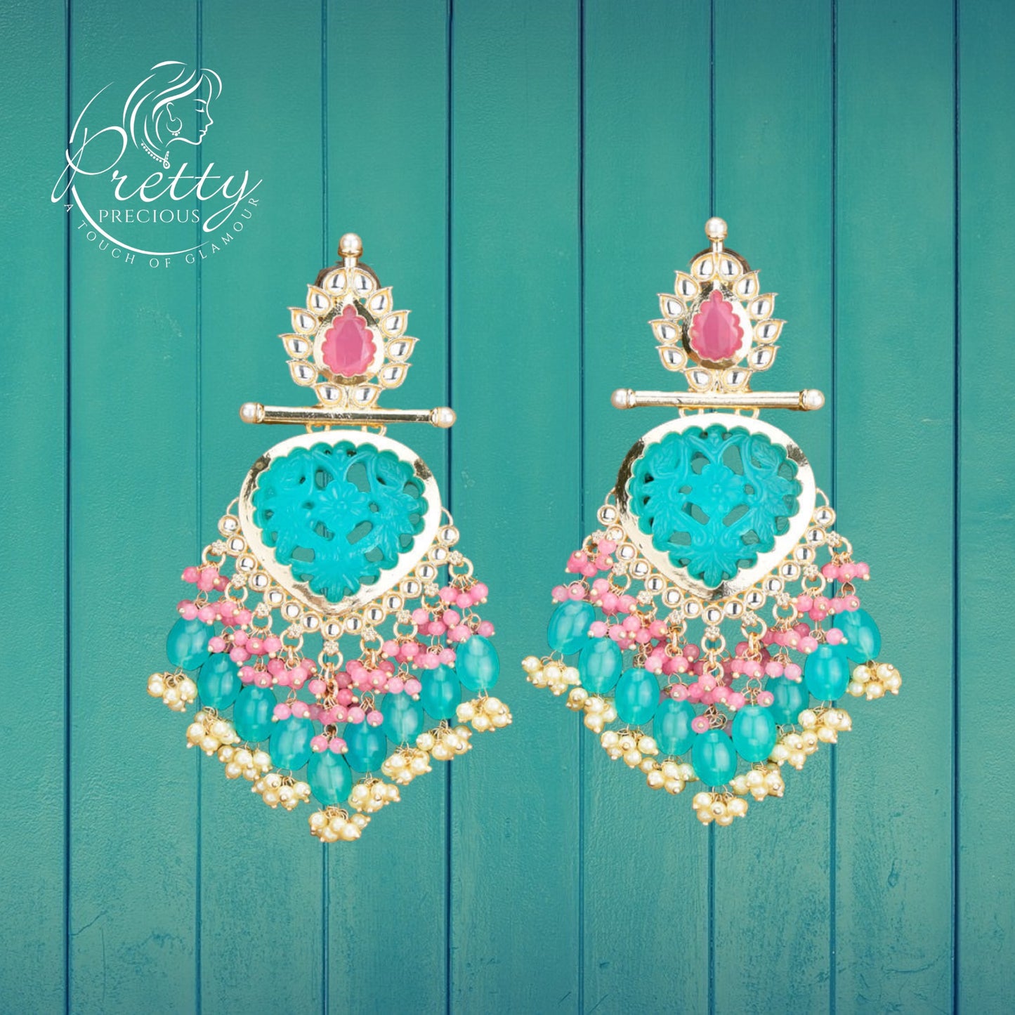 110547 Indo Western Beads Earring With Gold Plating-Turqoise