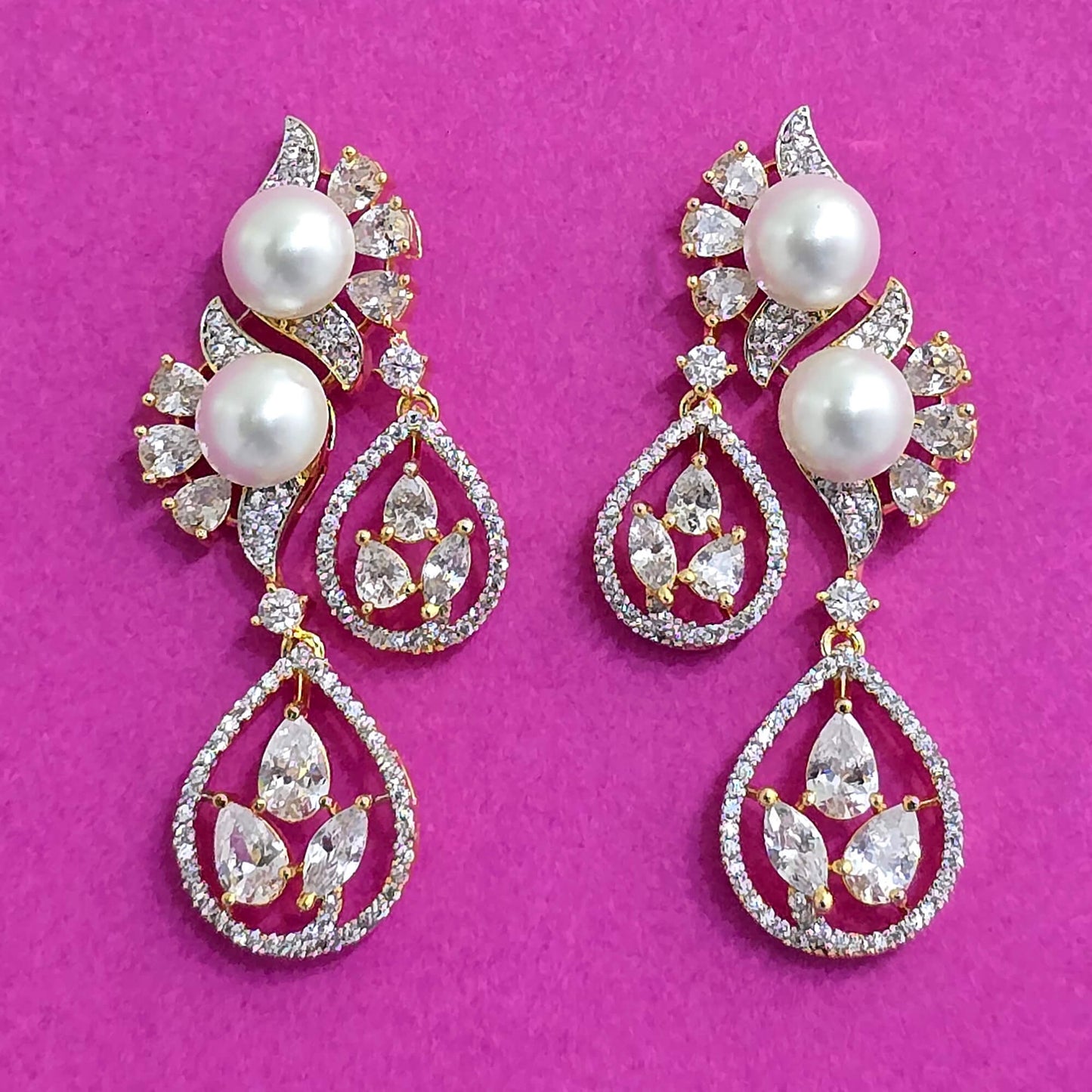 439576 Cz Moti Earring With Rhodium 2 Tone Plating