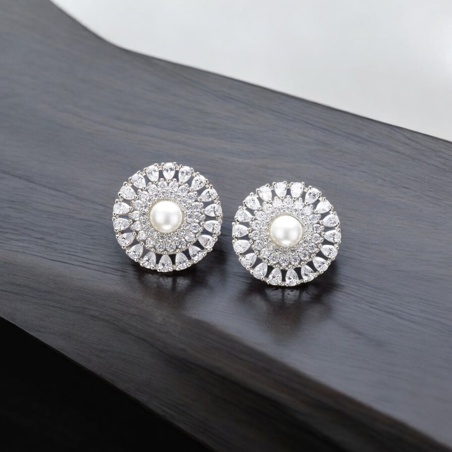 431823 Cz Pearl Tops With Rhodium 2 Tone Plating