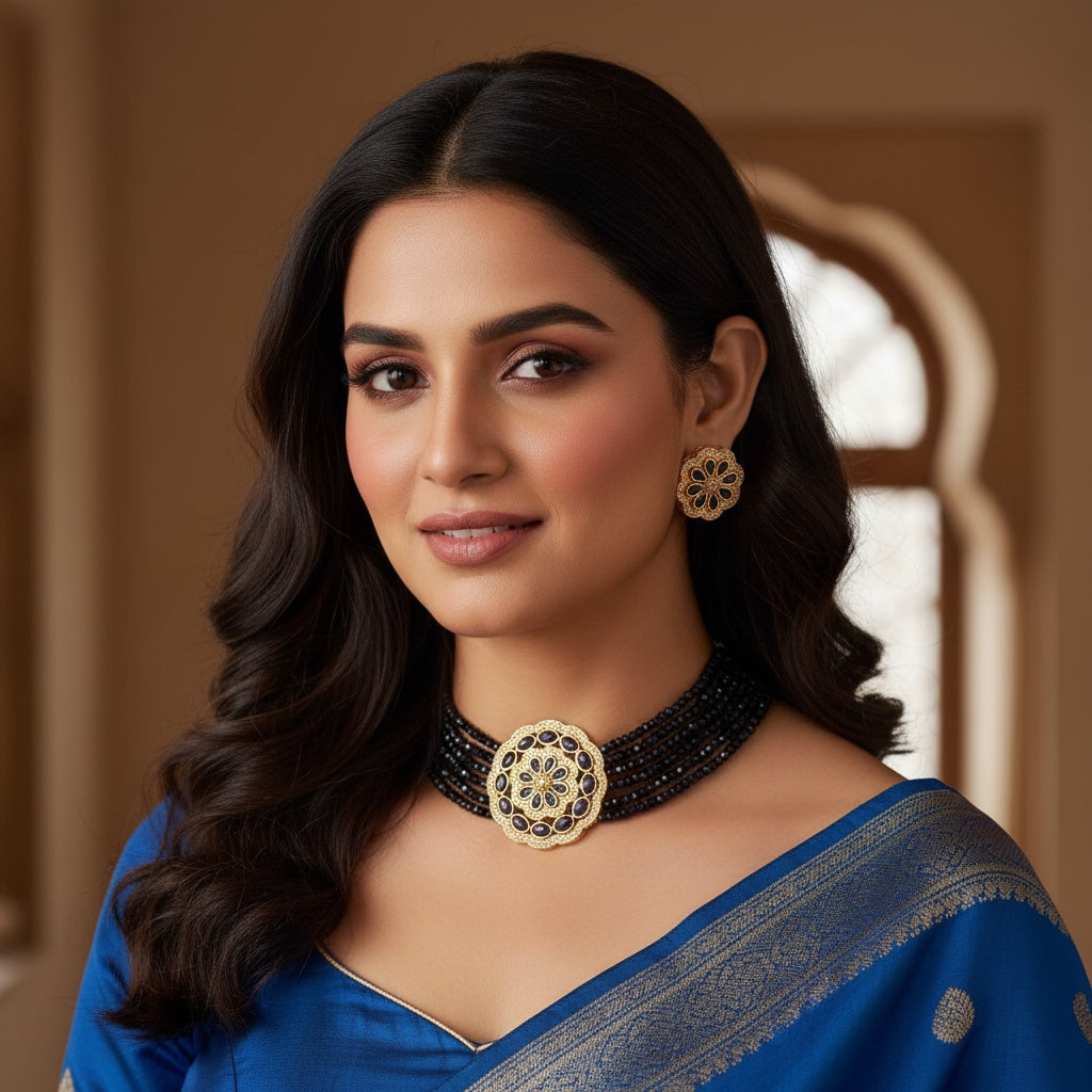 35295 Cz Delicate Chokar Set Dark Blue