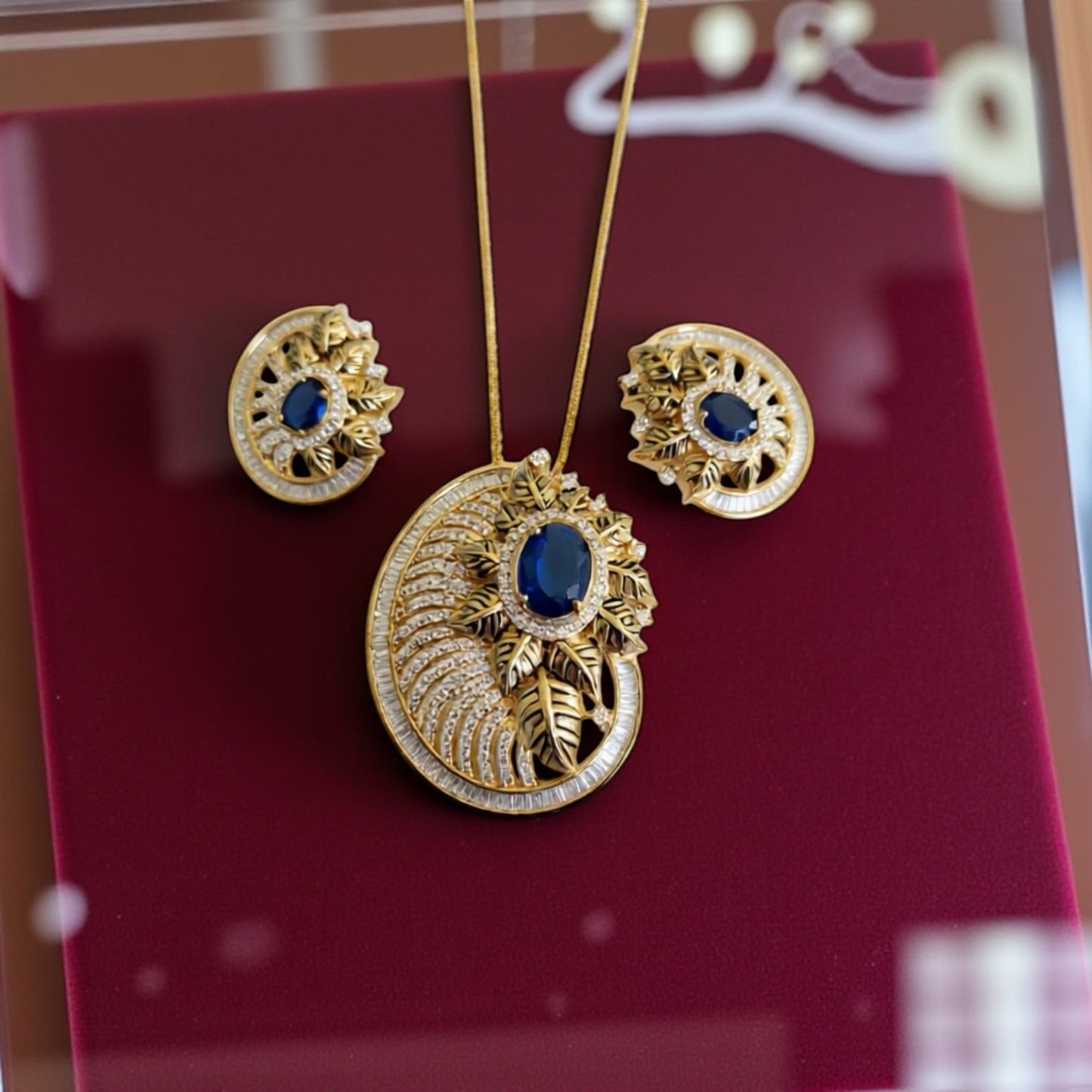 98009-PS-American Diamond Delicate Pendant Set With Gold Plating-Dark Blue