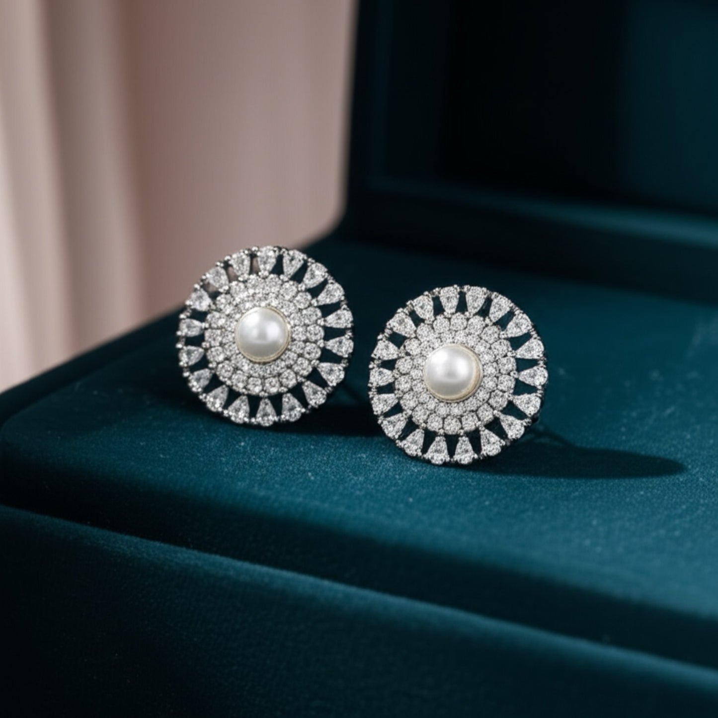 431823 Cz Pearl Tops With Rhodium 2 Tone Plating