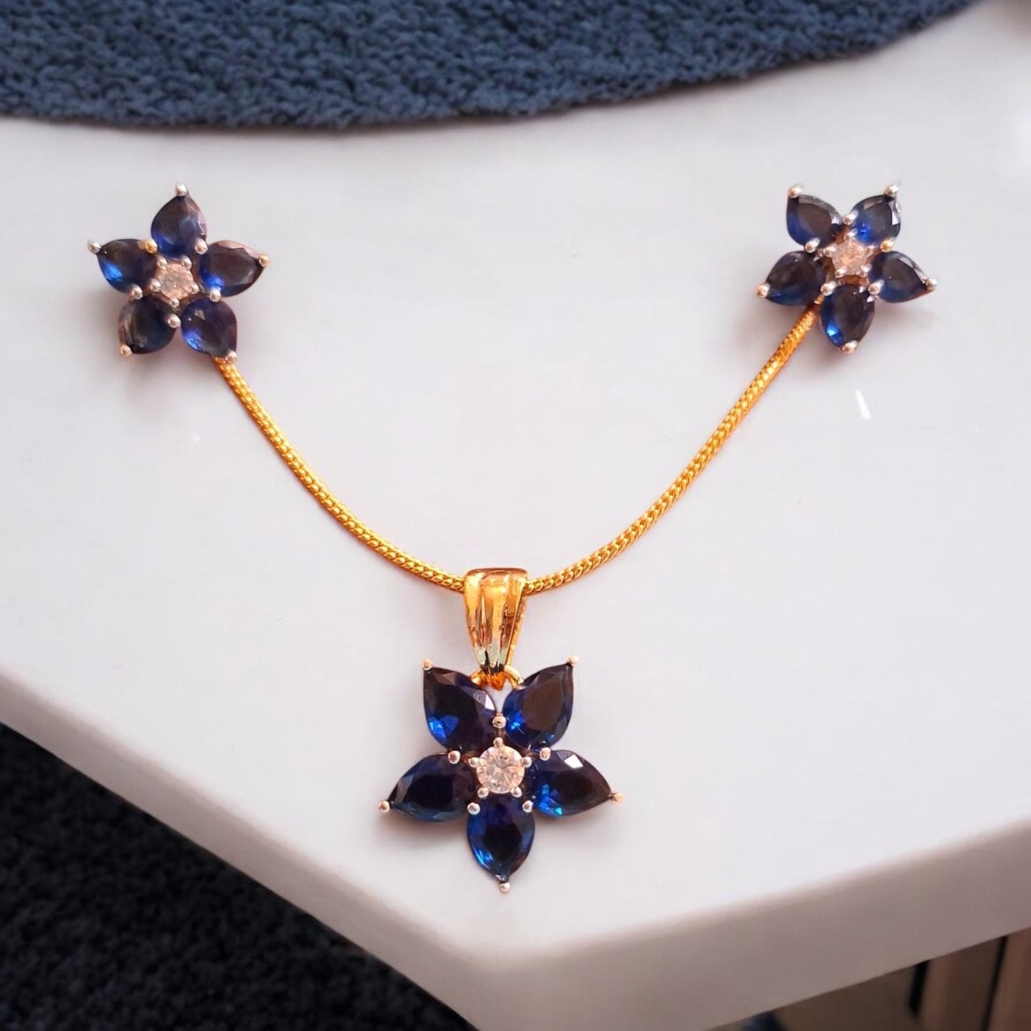 435242-American Diamond Delicate Pendant Set With Gold Plating-Blue