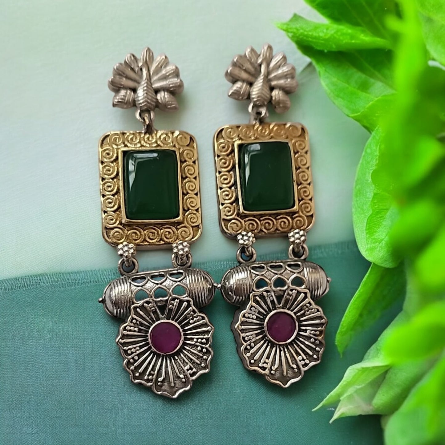 808637 Pretty Precious Fashion Oxidised Silver Stylish Party Wear Earrings for Women and Girls-Ruby Green