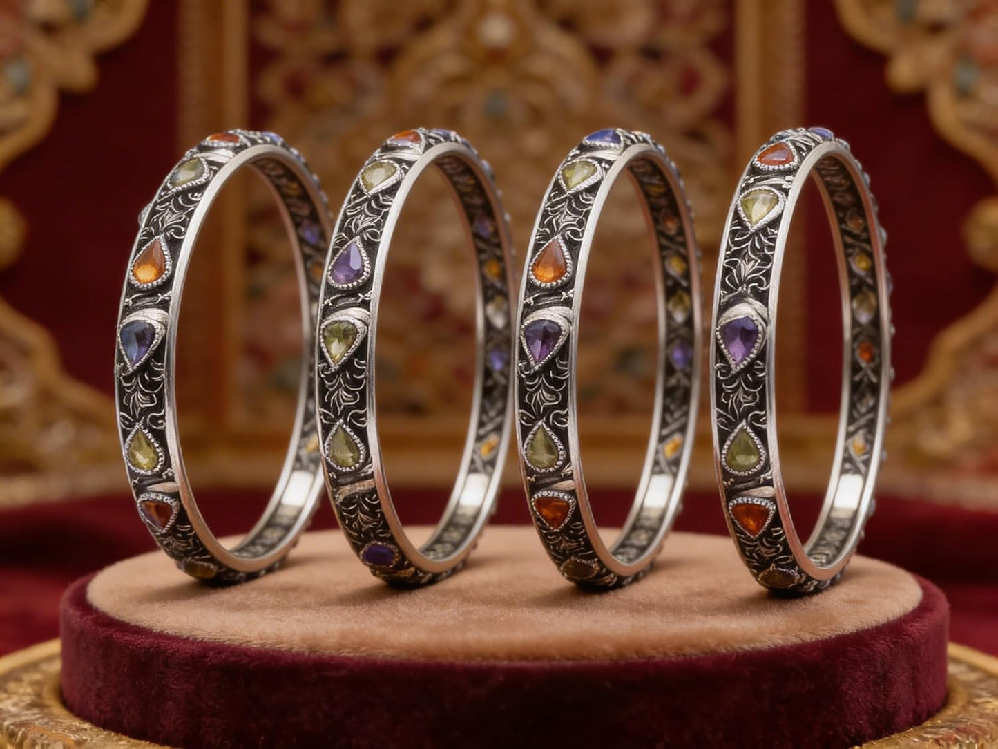 807072-Pretty Precious Oxidised Silver Bangles, Traditional Ethnic Style, Antique Finish, Size 2.4, 4 Pieces-Multicolour Stone