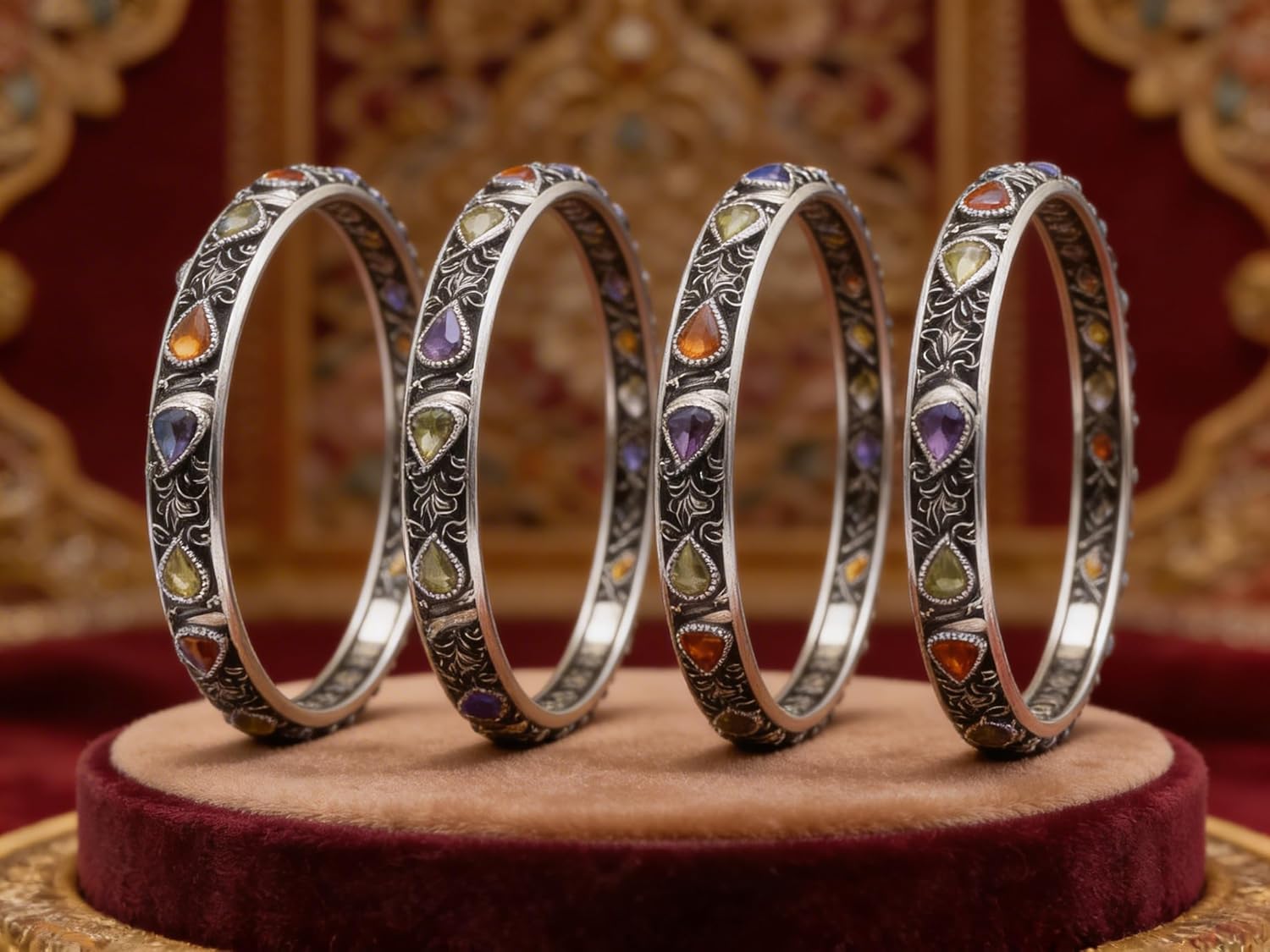 807072-Pretty Precious Oxidised Silver Bangles, Traditional Ethnic Style, Antique Finish, Size 2.4, 4 Pieces-Multicolour Stone